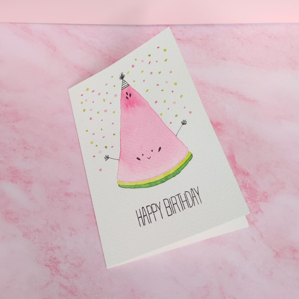 handgemalte Aquarellkarte zum Geburtstag, liebevolle Geburtstagskarte mit Partythema, Wassermelone mit Gesicht, Cozy Candles