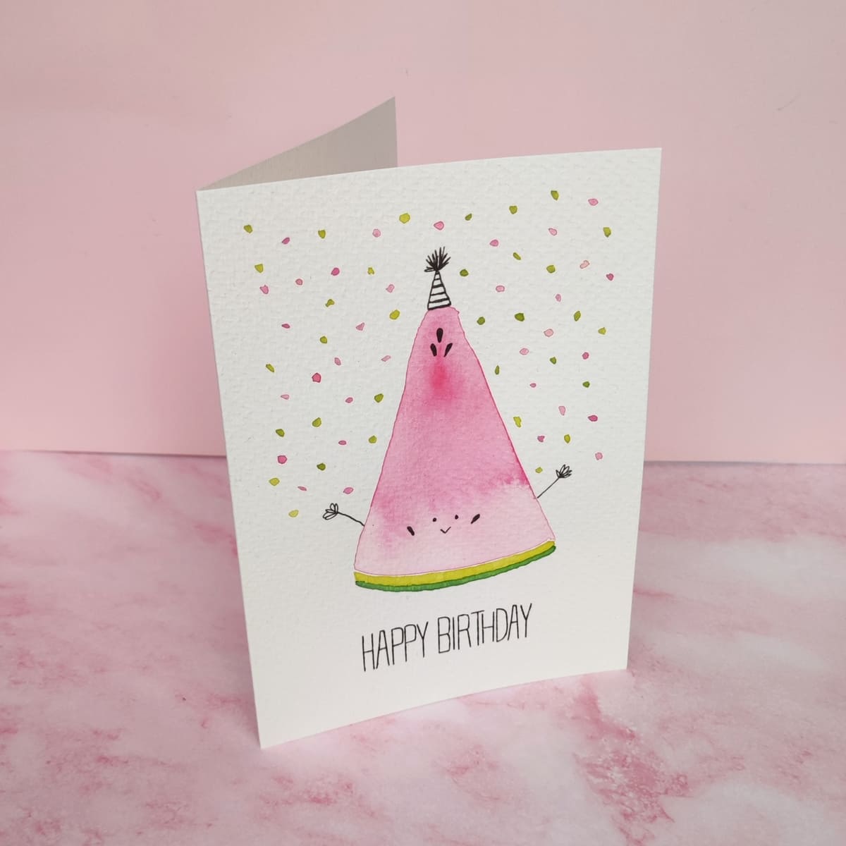 Geburtsgskarte mit Party Wassermelone in rot rosa und grünen Farben, Aquarellkarte, Cozy Candles