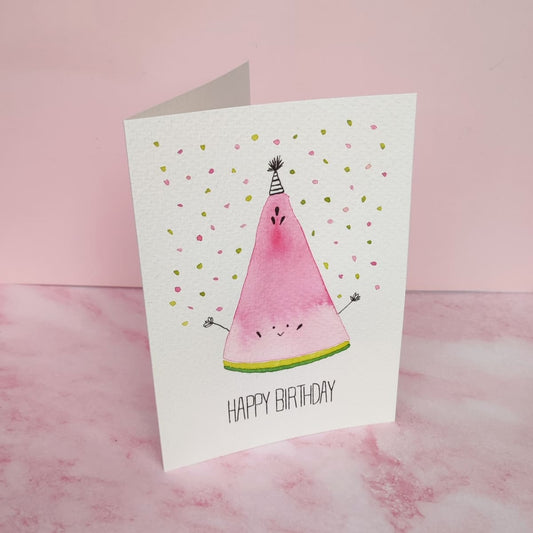 Geburtsgskarte mit Party Wassermelone in rot rosa und grünen Farben, Aquarellkarte, Cozy Candles