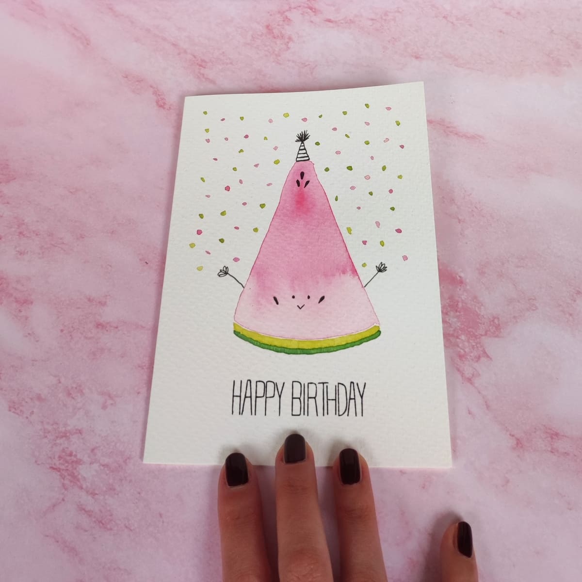 einzigartige Geburtagskarte, handgemalte Grußkarte mit Wassermelone und Happy Birthday text, Cozy Candles Grußkarte