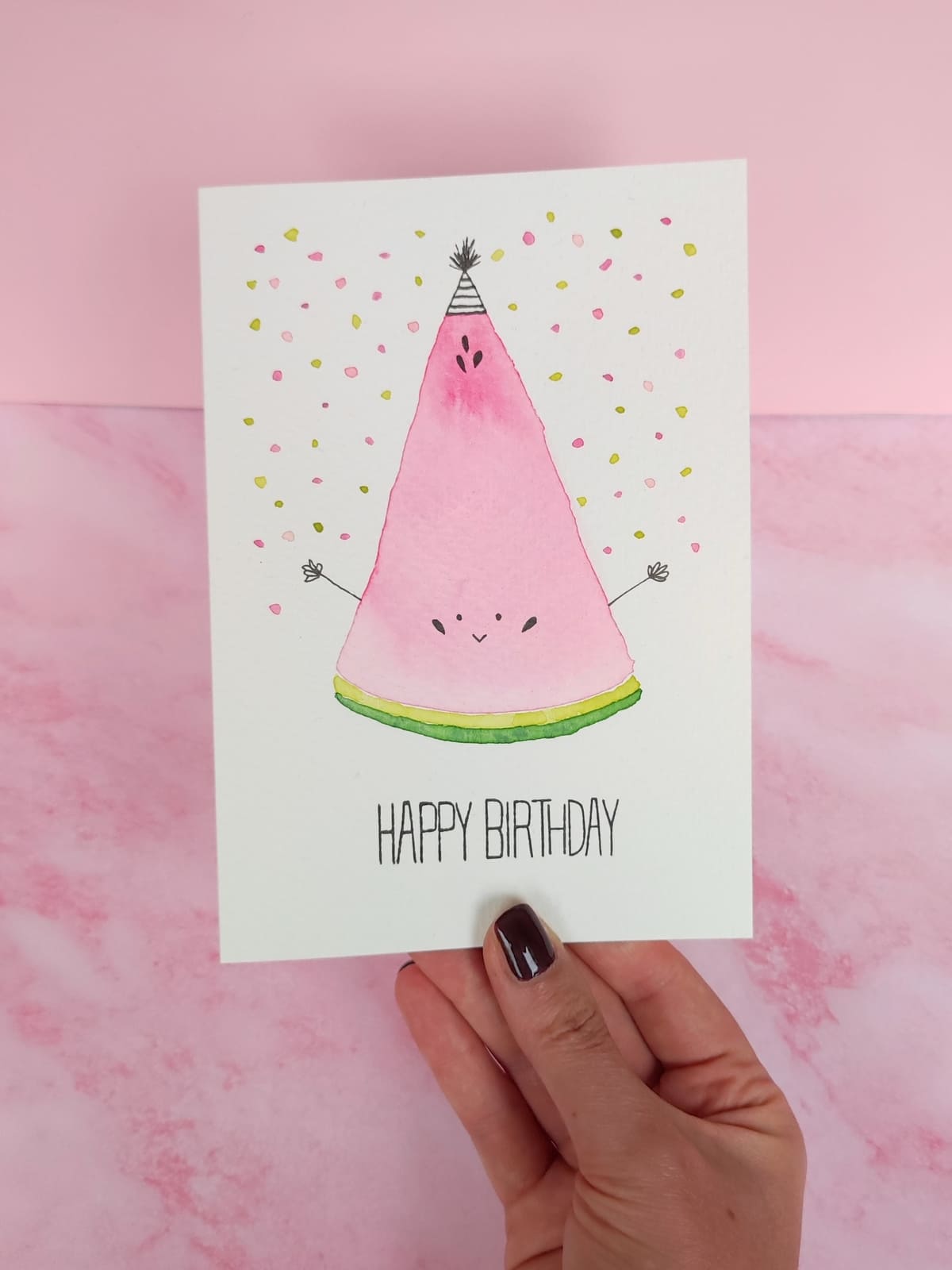 handgemachte Grußkarte zum Geburtstag, handmade Birthday card, Cozy Candles Klappkarte zum Geburtstag mit Wassermelone, happy birthday text