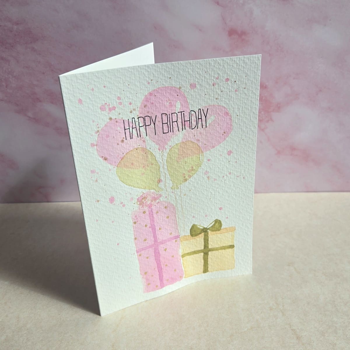 Geburtstagskarte Glückwunschkarte rosa Luftballons, rosa Geschenke, Partymotiv, Cozy Candles Aquarellkarten