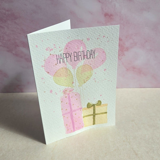 Geburtstagskarte Glückwunschkarte rosa Luftballons, rosa Geschenke, Partymotiv, Cozy Candles Aquarellkarten
