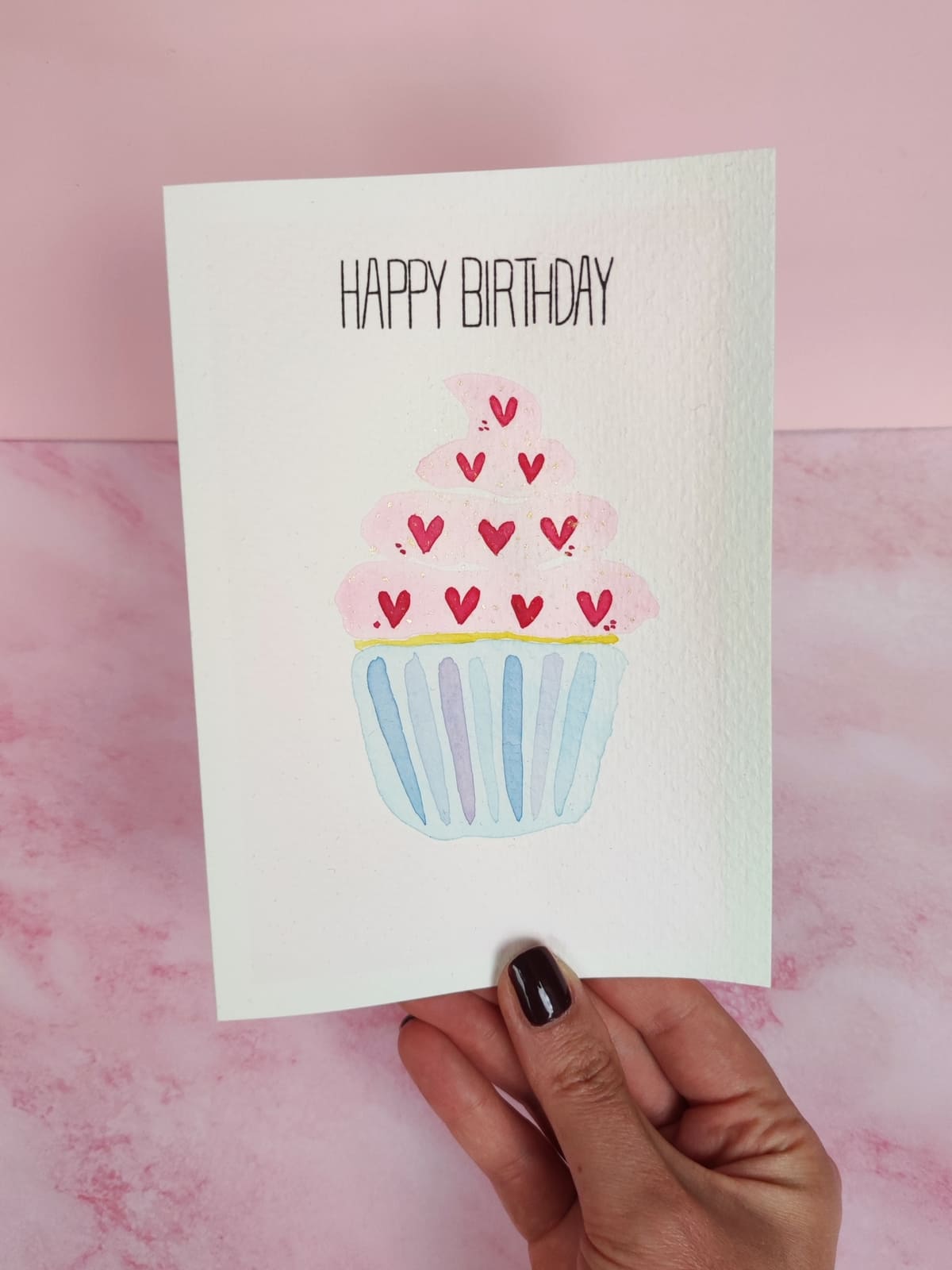 handgemachte Geburtstagskarte Cupcake mit rosa roten Herzen Cozy Candles Klappkarte mit Umschlag