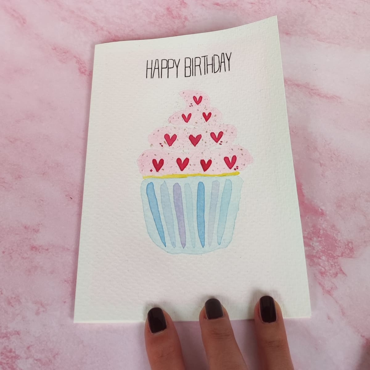 Cupcake mit Herzen Grußkarte Geburtstagskarte Klappkarte handgemalte Karte zum Geburtstag