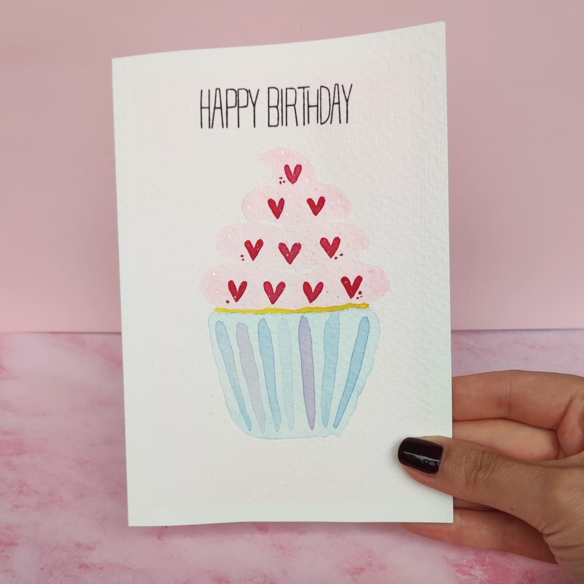 handgemalte Aquarellkarte Cupcake Geburtstagskarte Cozy Candles