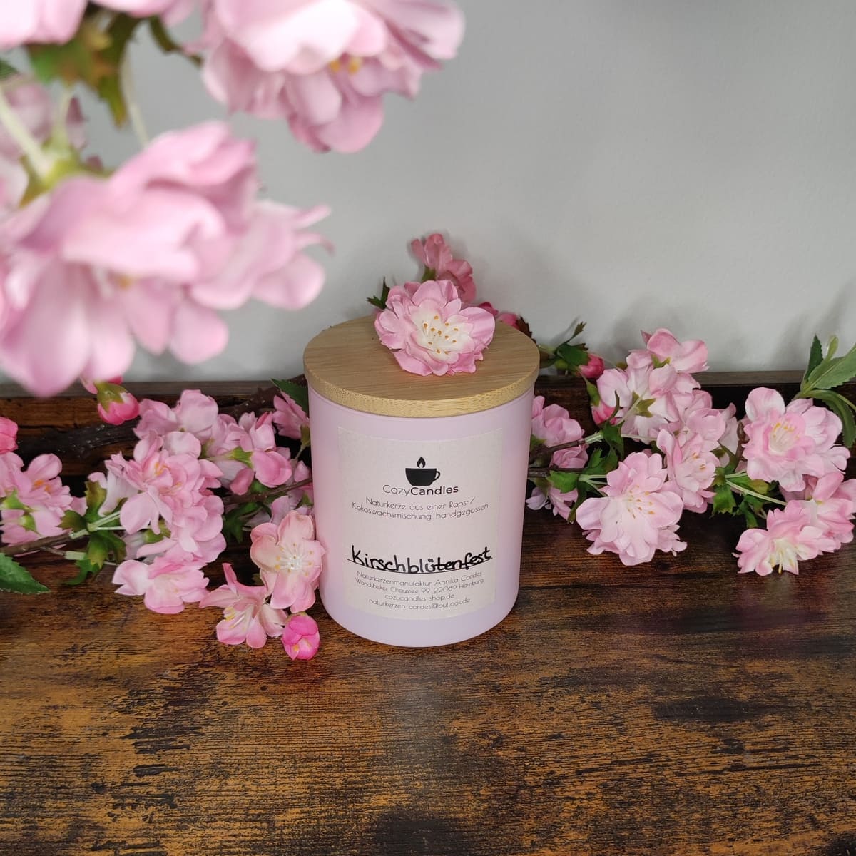 Duftkerze Kirschblüte, handgemachte Rapswachskerze, Cozy Candles