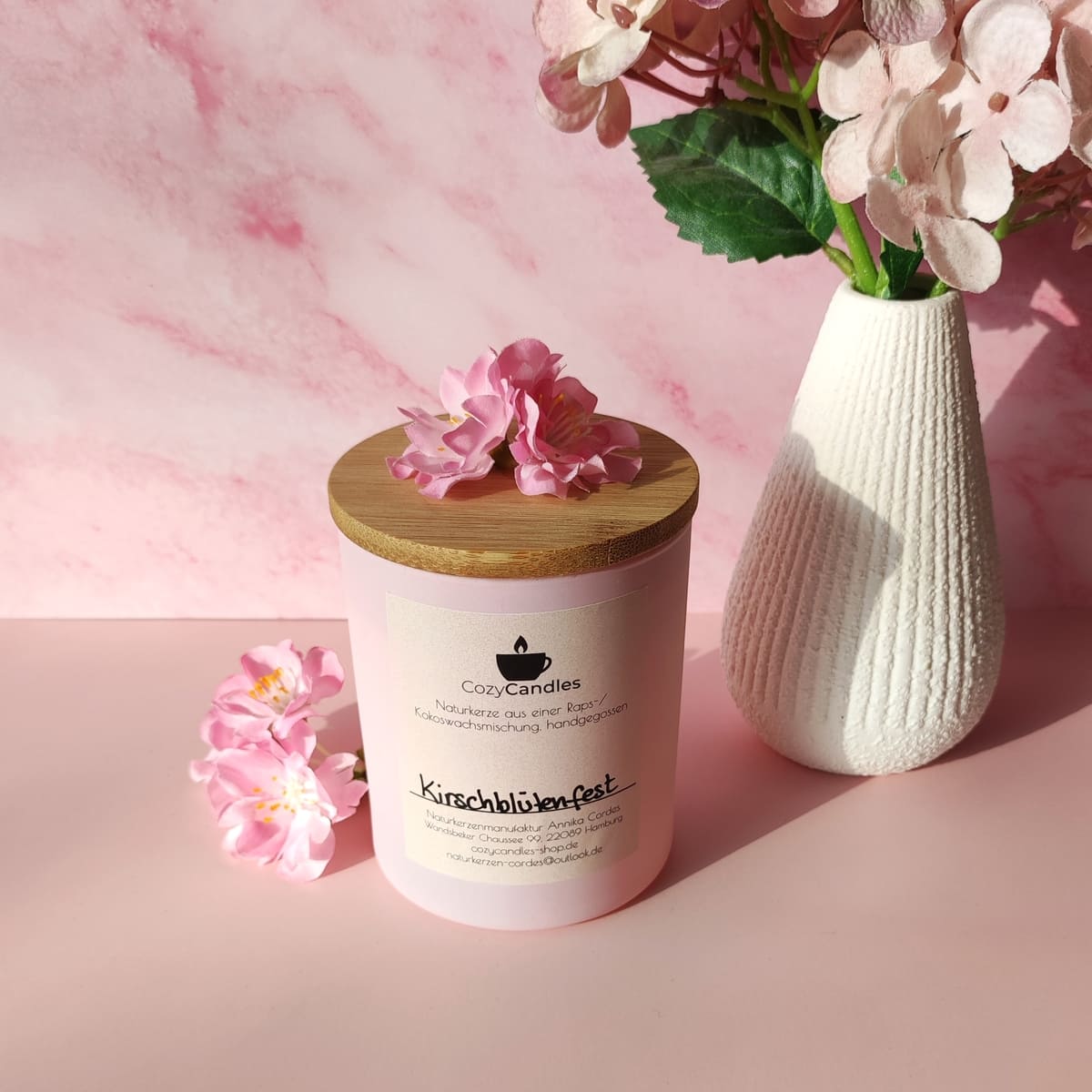 Duftkerze Kirschblüte, handgemachte Rapswachskerze, Cozy Candles