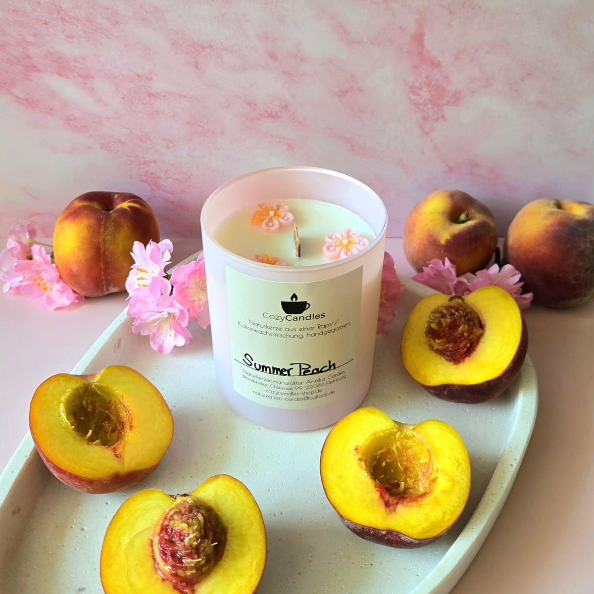 Sommerkerze mit Pfirsichduft, frische Pfirsiche, Geschenkidee von Herzen für beste Freundin und Mama, rosa Kerzenglas